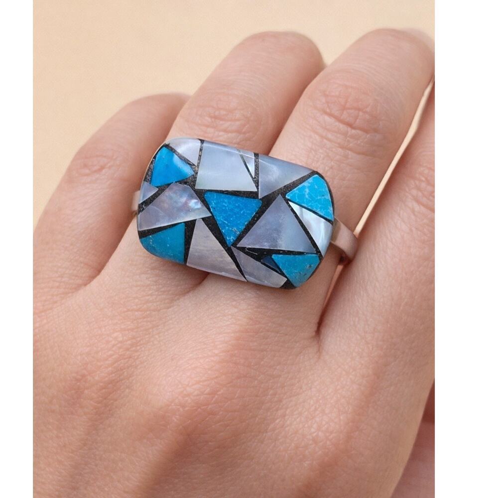 HSN Colleen Lopez Silver Mother of Pearl & Turquoise Inlay Ring Size 7